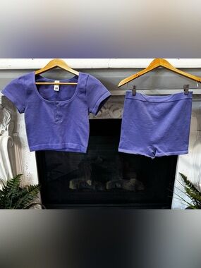 Colsie Purple Waffle Knit Lounge Crop Top & Boy-shorts Set